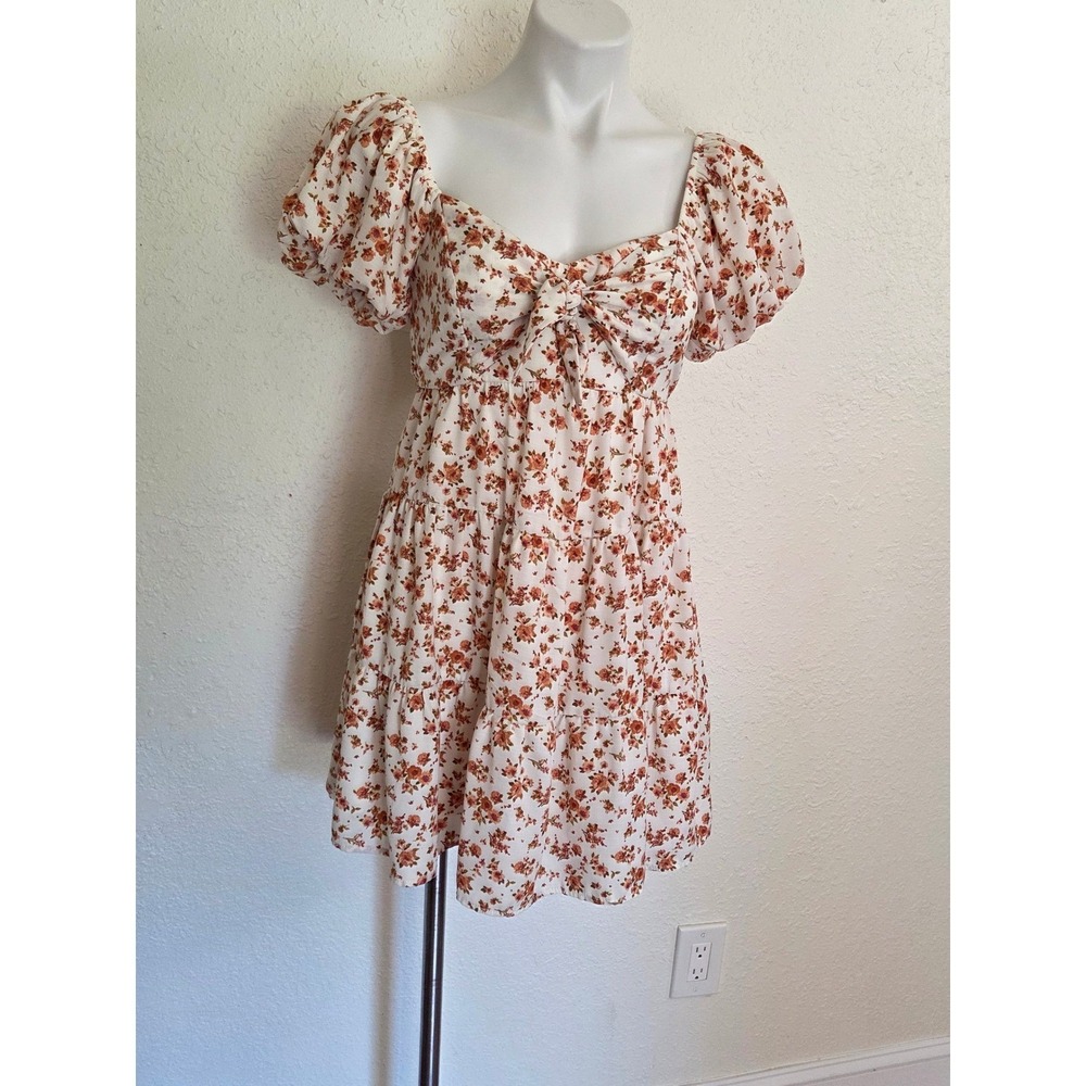 Trixxi Puff Sleeve Mini Dress Sweetheart Tie Front S Smocked Back Cream Rust